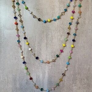 Colorful 3-Strand Gold Plated 28" Necklace Multicolor 6mm Beads